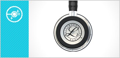 Pediatrická strana rezonátora fonendoskopu 3M Littmann Classic III a biela ikona vylešteného rezonátora na azúrovom pozadí.
