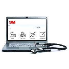 Notebook na bielom pozadí s domovskou stránkou vyhľadávača návodov na použitie 3M a vedľa neho 3M™ Littmann® fonendoskop.