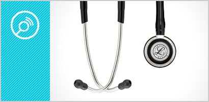 Rezonátor a ušné vložky fonendoskopu 3M Littmann Classic III a biela ikona rezonátora na azúrovom pozadí.
