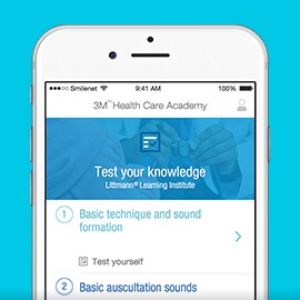 Displej smartfónu zobrazujúci sekciu osobných testov aplikácie Littmann Learning Institute.