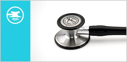 Detailná snímka rezonátora fonendoskopu 3M Littmann Cardiology III a biela ikona nastaviteľnej membrány na azúrovom pozadí.
